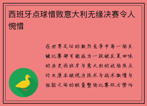 西班牙点球惜败意大利无缘决赛令人惋惜